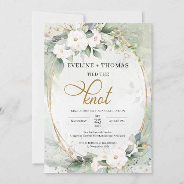 Rustic White flowers greenery eucalyptus gold oval Invitation (Front)