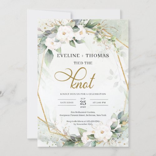 Rustic White flowers greenery gold oval the knot Invitation