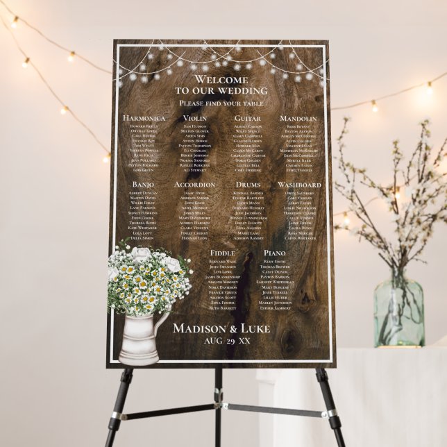 Rustic White Flowers Lights Custom Seating Chart Foam Board (In Situ (Stand))