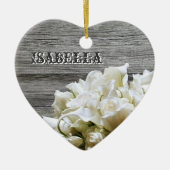 Rustic White Flowers Personalized Heart Ornament by TwoBecomeOne at Zazzle