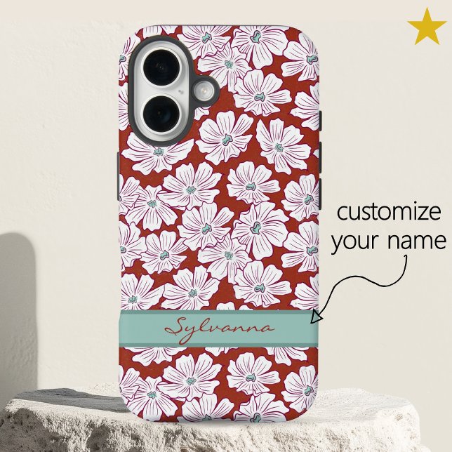 Rustic White Flowers Sketch Red Teal Custom Name Case-Mate iPhone Case (Creator Uploaded)