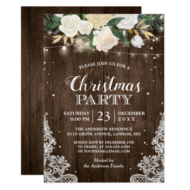 Rustic White Flowers String Lights Christmas Party Invitation