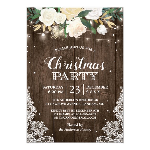Rustic White Flowers String Lights Christmas Party Invitation