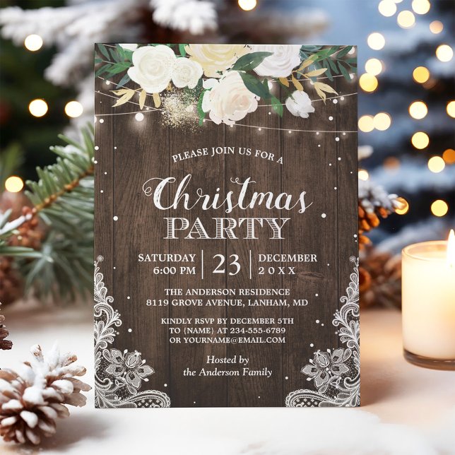 Rustic White Flowers String Lights Christmas Party Invitation (Creator Uploaded)