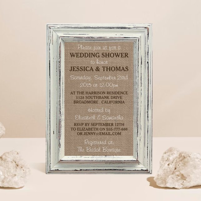 Rustic White Frame & Burlap Wedding Shower Invitation (Creator Uploaded)