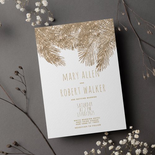 Rustic white gold glitter tropical theme wedding invitation