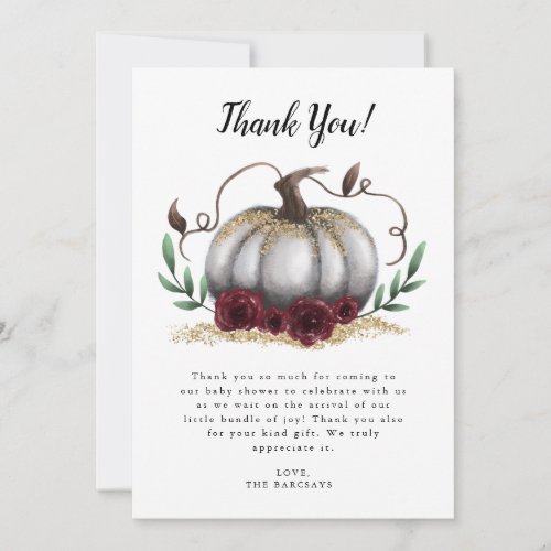 Rustic White Gold Little Pumpkin Baby Shower Thank You Card