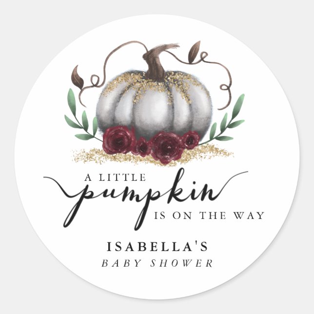 Rustic White Gold Pumpkin Baby Shower Favor Classic Round Sticker (Front)