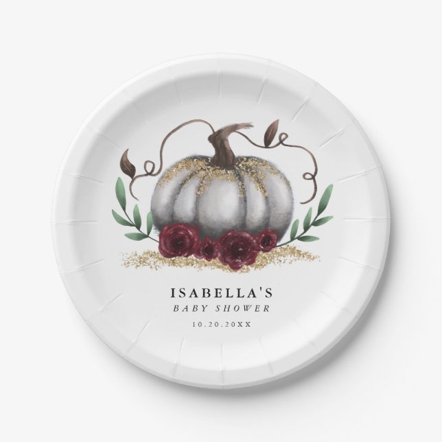 Rustic White Gold Pumpkin Baby Shower Paper Plates (Front)