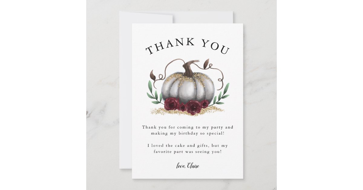 Rustic White Gold Pumpkin Birthday Party Thank You Card | Zazzle