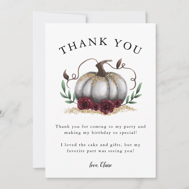 Rustic White Gold Pumpkin Birthday Party Thank You Card (Front)
