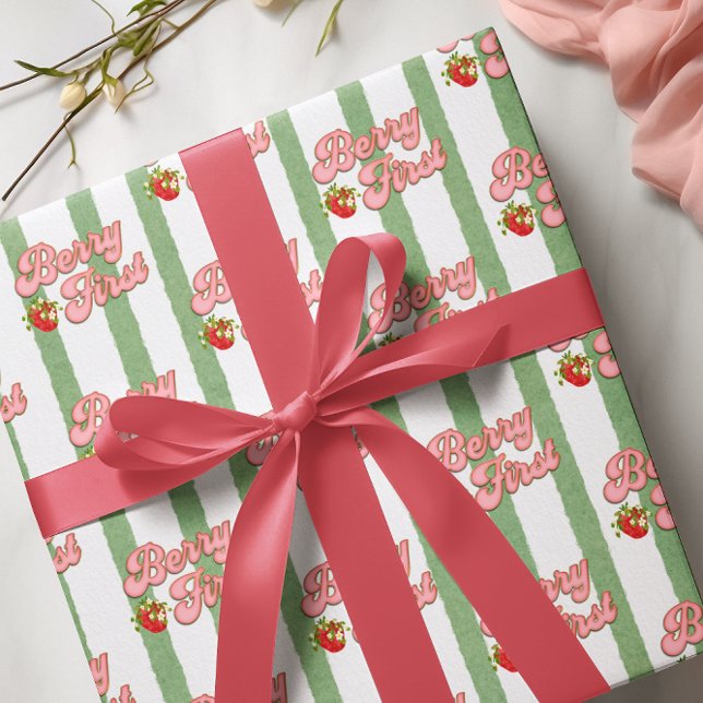 Rustic White Green Berry First Birthday Strawberry Wrapping Paper (Creator Uploaded)