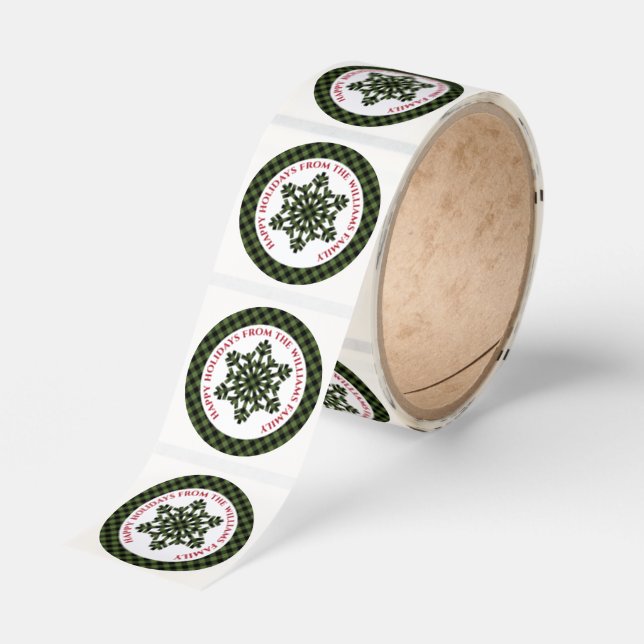 Rustic White Green Black Tartan Checks Snowflakes Classic Round Sticker (Roll)