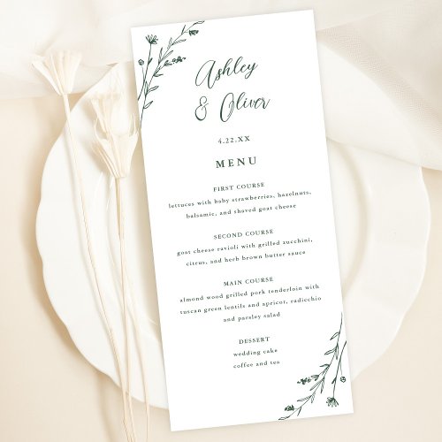 Rustic White  Green Botanical Wedding Menu Card