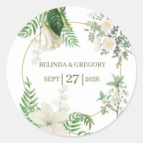 Rustic White Green Watercolor Floral Gold Wedding Classic Round Sticker