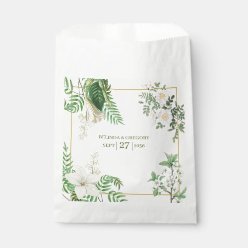 Rustic White Green Watercolor Floral Gold Wedding  Favor Bag