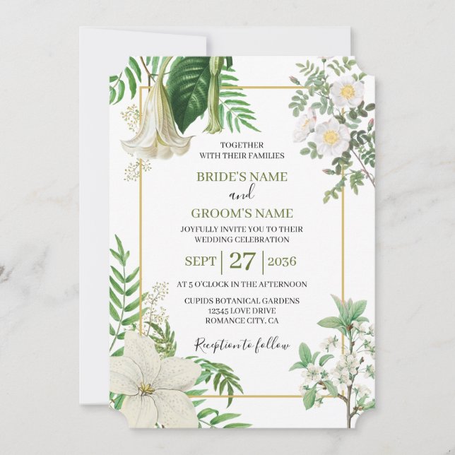 Rustic White Green Watercolor Floral Gold Wedding Invitation (Front)