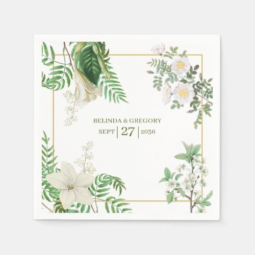 Rustic White Green Watercolor Floral Gold Wedding  Napkins
