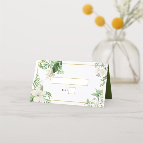 Rustic White Green Watercolor Floral Gold Wedding  Place Card