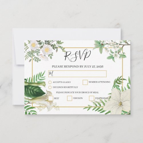 Rustic White Green Watercolor Floral Gold Wedding RSVP Card