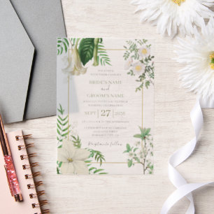 Rustic White Green Watercolor Floral Gold Wedding Vellum Invitations
