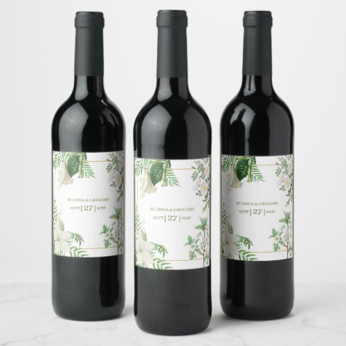 Rustic White Green Watercolor Floral Gold Wedding Wine Label