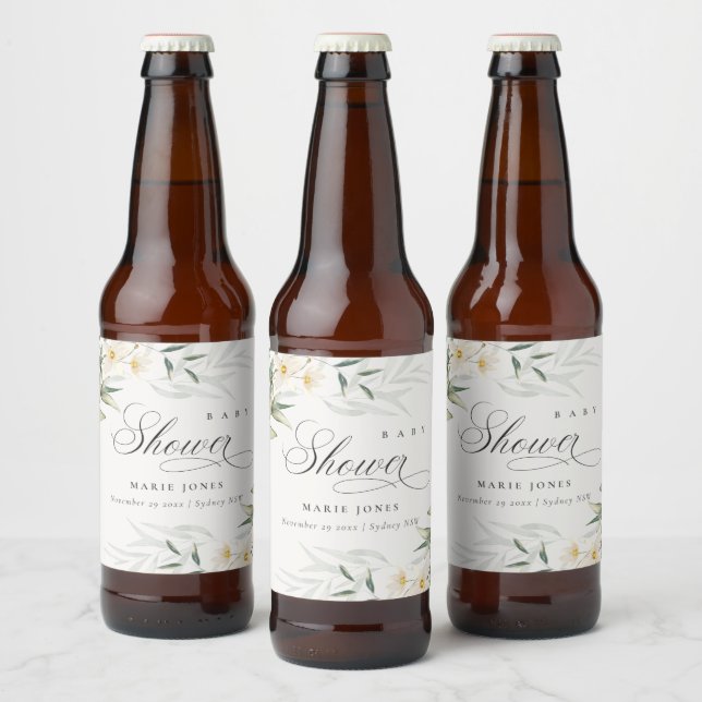 Rustic White Greenery Floral Bunch Baby Shower Beer Bottle Label (Bottles)