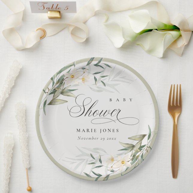Rustic White Greenery Floral Bunch Baby Shower Paper Plates (Wedding)
