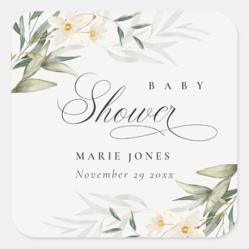 Rustic White Greenery Floral Bunch Baby Shower Square Sticker