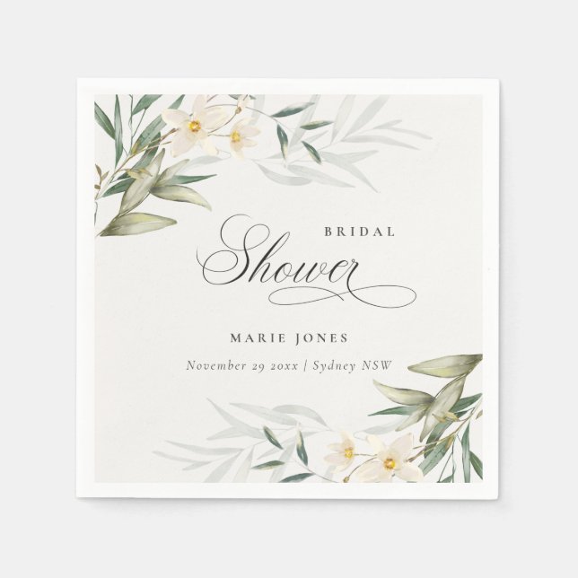 Rustic White Greenery Floral Bunch Bridal Shower Napkins (Front)