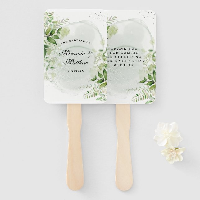 Rustic White Greenery Vineyard Wedding Thank You H Hand Fan (Front and Back)