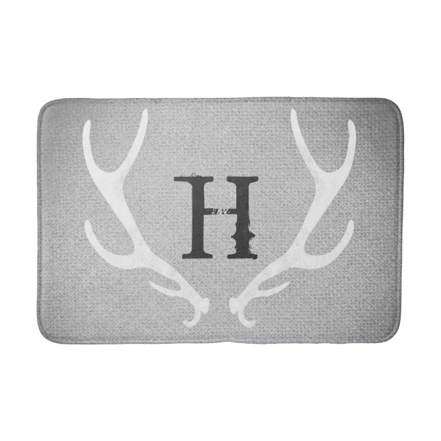Rustic White & Grey Deer Antlers Burlap Country Bath Mat (Front)