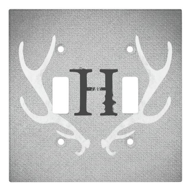 Rustic White & Grey Deer Antlers Burlap Country Light Switch Cover (Front)