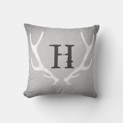 Rustic White  Grey Deer Antlers Burlap Country Throw Pillow