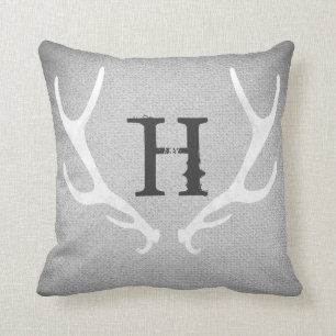 Rustic White & Grey Deer Antlers Burlap Country Throw Pillow