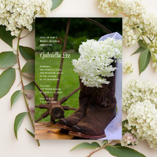 Rustic White Hydrangeas Cowboy Boots Bridal Shower Invitation