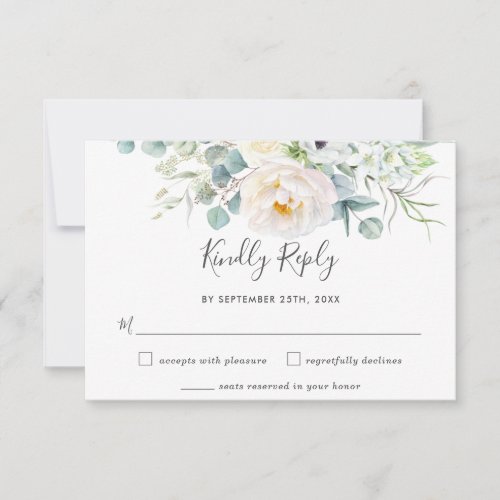 Rustic White Ivory Peony Floral Greenery Wedding  RSVP Card