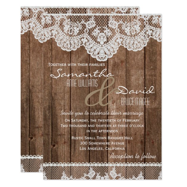 Rustic White Lace And Wood Wedding Invitation