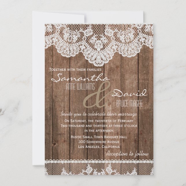 Rustic White Lace and Wood Wedding Invitation (Front)