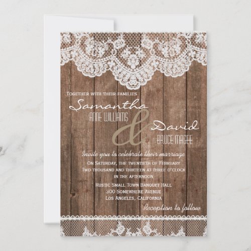 Rustic White Lace and Wood Wedding Invitation