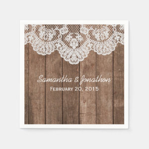 Rustic White Lace and Wood Wedding Paper Napkin