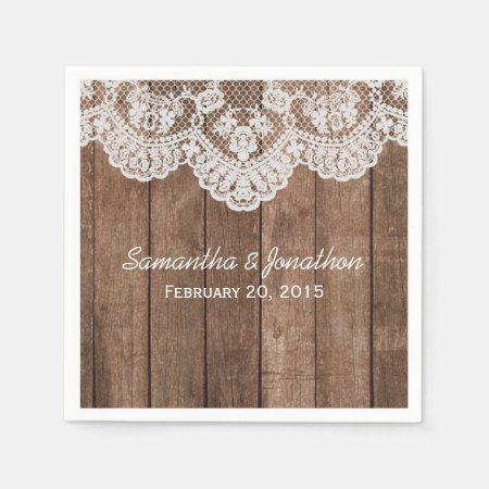Rustic White Lace And Wood Wedding Paper Napkins