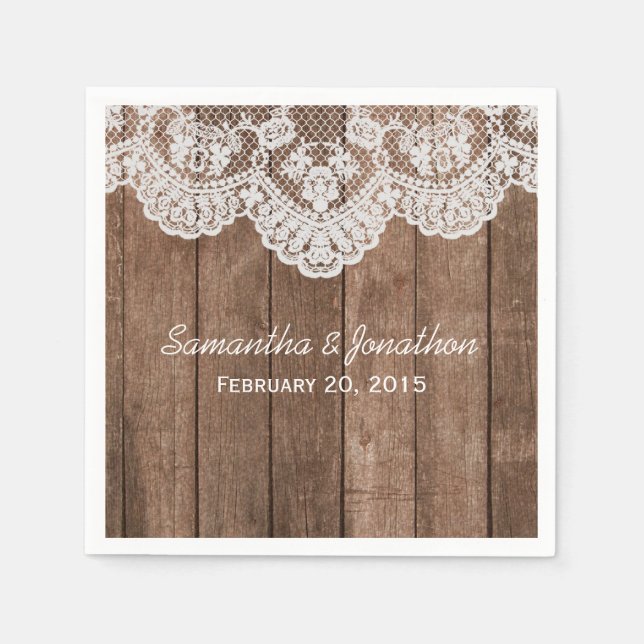Rustic White Lace and Wood Wedding Paper Napkins (Front)