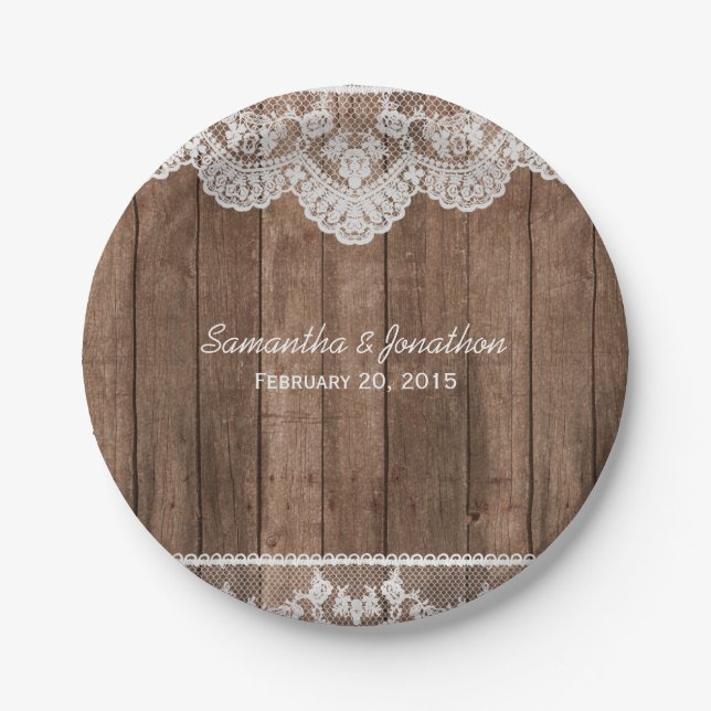 Rustic White Lace and Wood Wedding Paper Plates (Front)