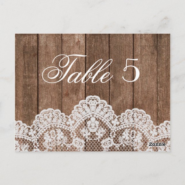 Rustic White Lace and Wood Wedding Table Number (Back)