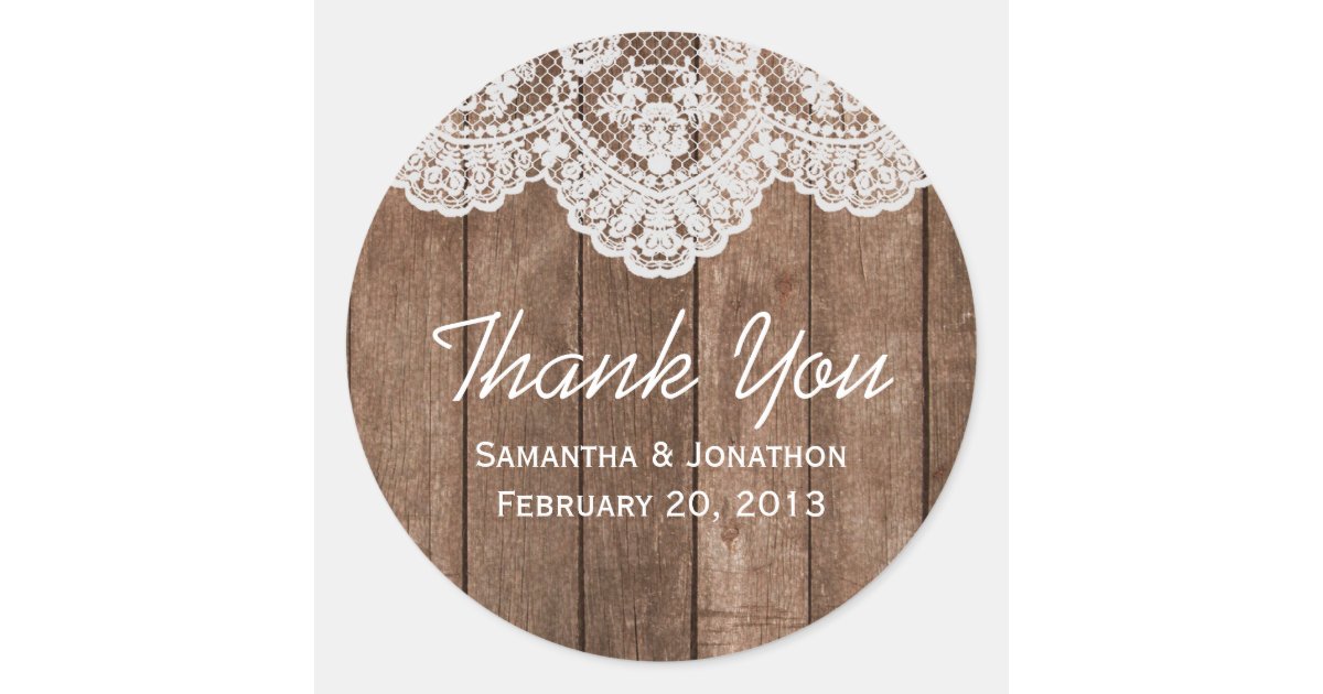 Rustic White Lace and Wood Wedding Thank You Classic Round Sticker | Zazzle
