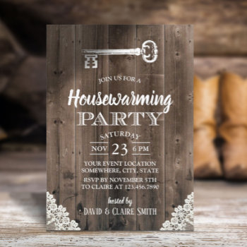 Rustic White Lace Antique Key Housewarming Party Invitation by myinvitation at Zazzle