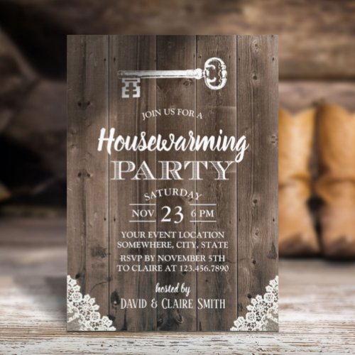 Rustic White Lace Antique Key Housewarming Party Invitation