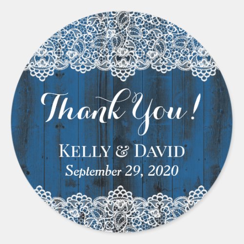 Rustic White Lace Blue Barn Wood Wedding Favor Classic Round Sticker