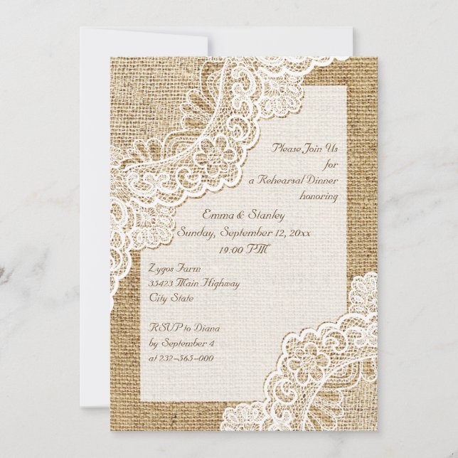 Rustic white lace, burlap wedding rehearsal dinner invitation (Front)